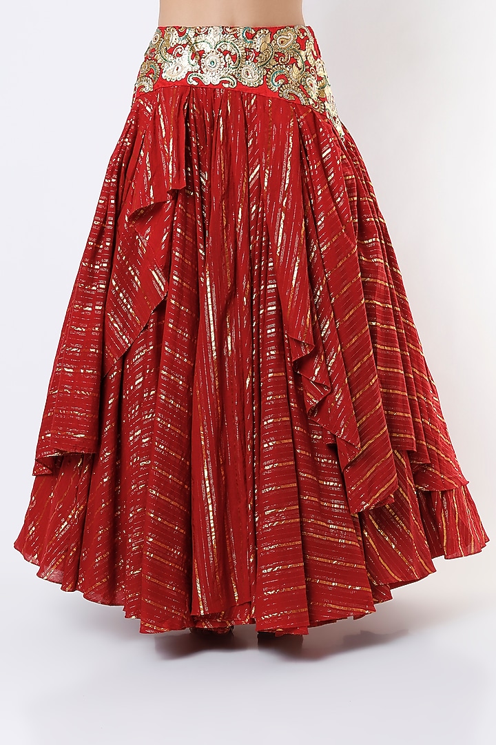 Red Embroidered Layered Wedding Lehenga Set by Architha Narayanam at Pernia's Pop Up Shop
