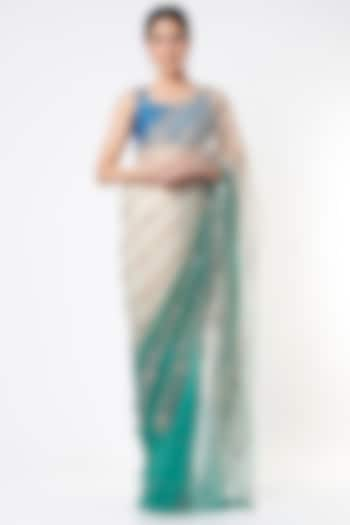 Off White & Sea Green Embroidered Ombre Saree Set by Architha Narayanam