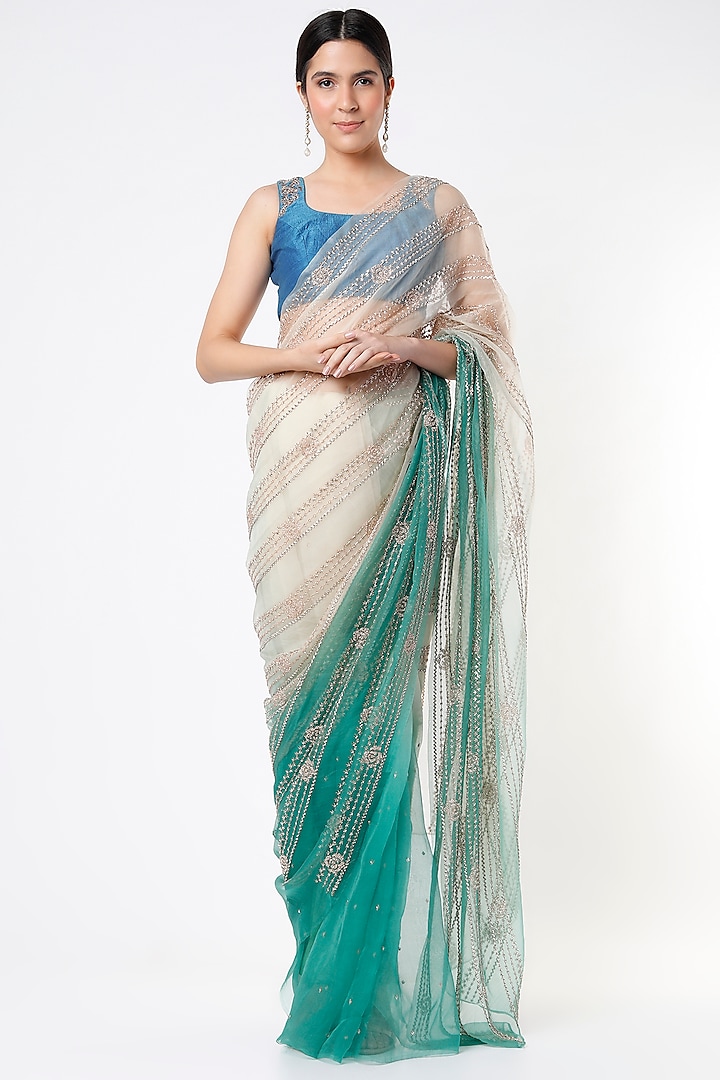 Off White & Sea Green Embroidered Ombre Saree Set by Architha Narayanam