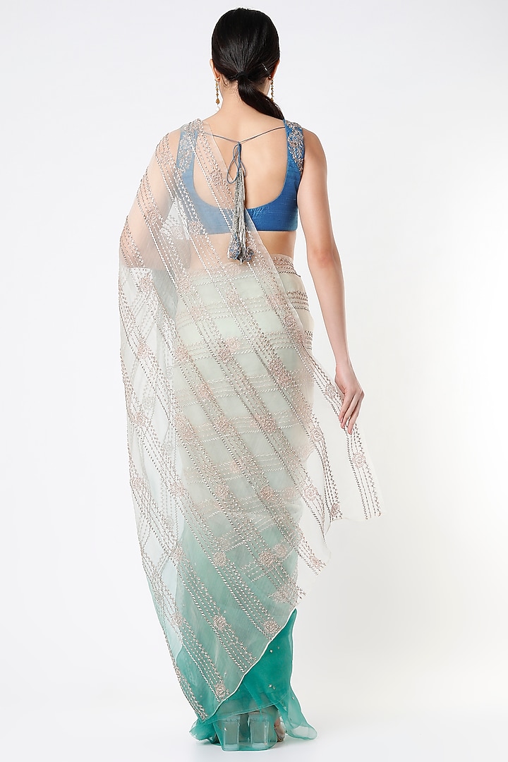 Off White & Sea Green Embroidered Ombre Wedding Saree Set by Architha Narayanam at Pernia's Pop Up Shop