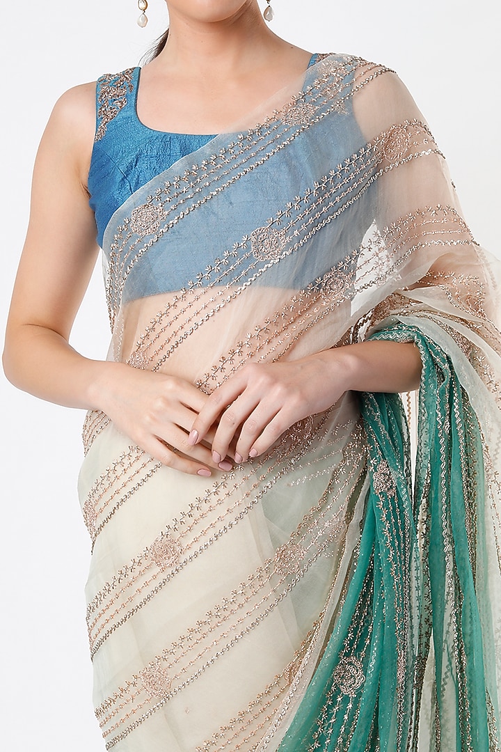 Off White & Sea Green Embroidered Ombre Wedding Saree Set by Architha Narayanam at Pernia's Pop Up Shop