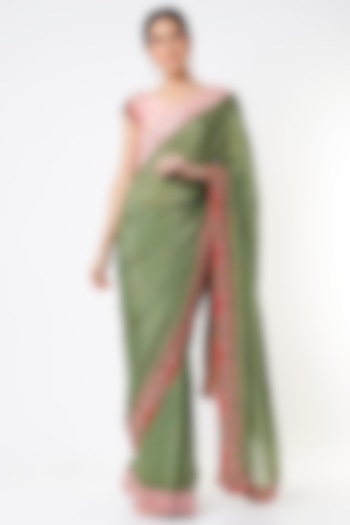 Sap Green Embroidered Saree Set by Architha Narayanam