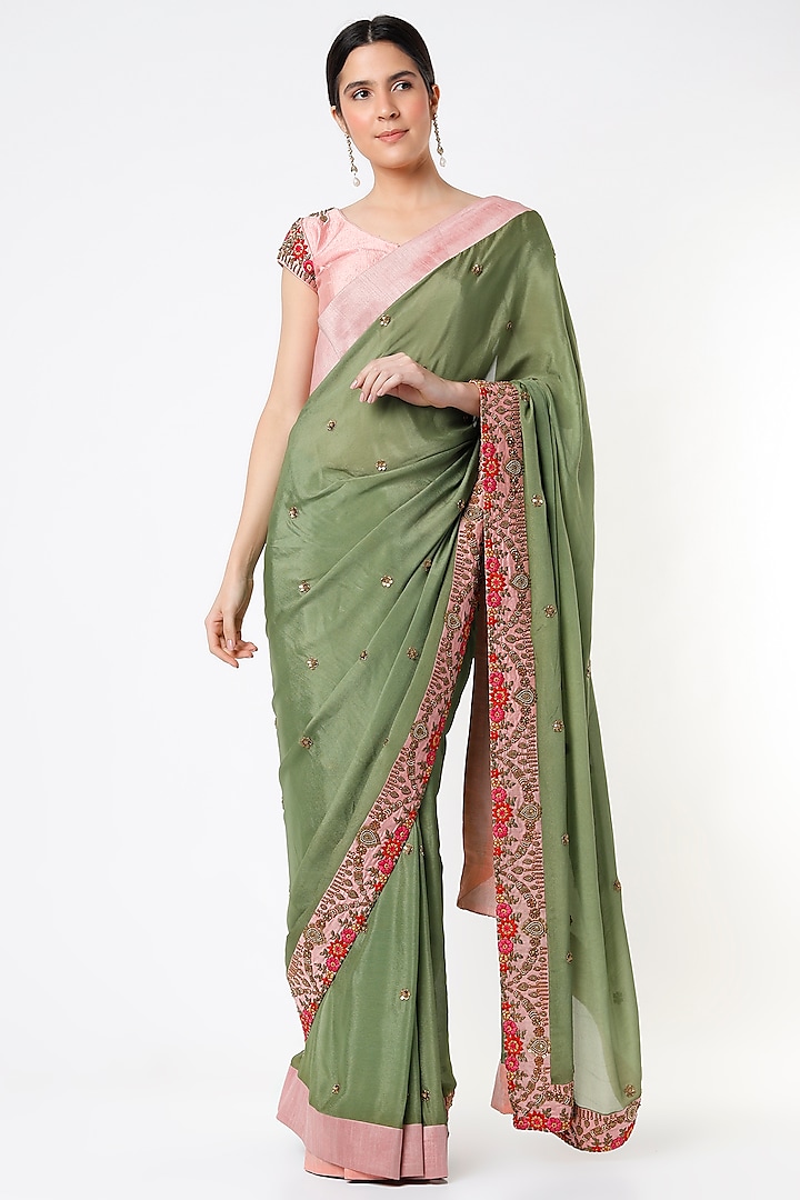 Sap Green Embroidered Saree Set by Architha Narayanam