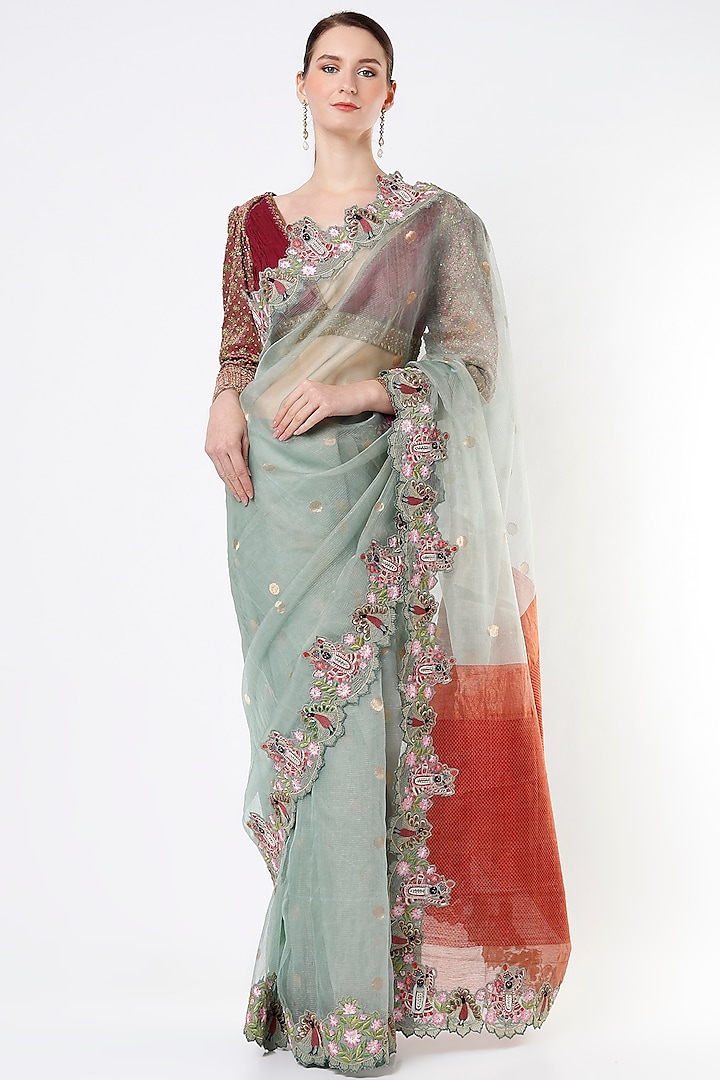 Marble Green Embroidered Handloom Saree Set by Architha Narayanam
