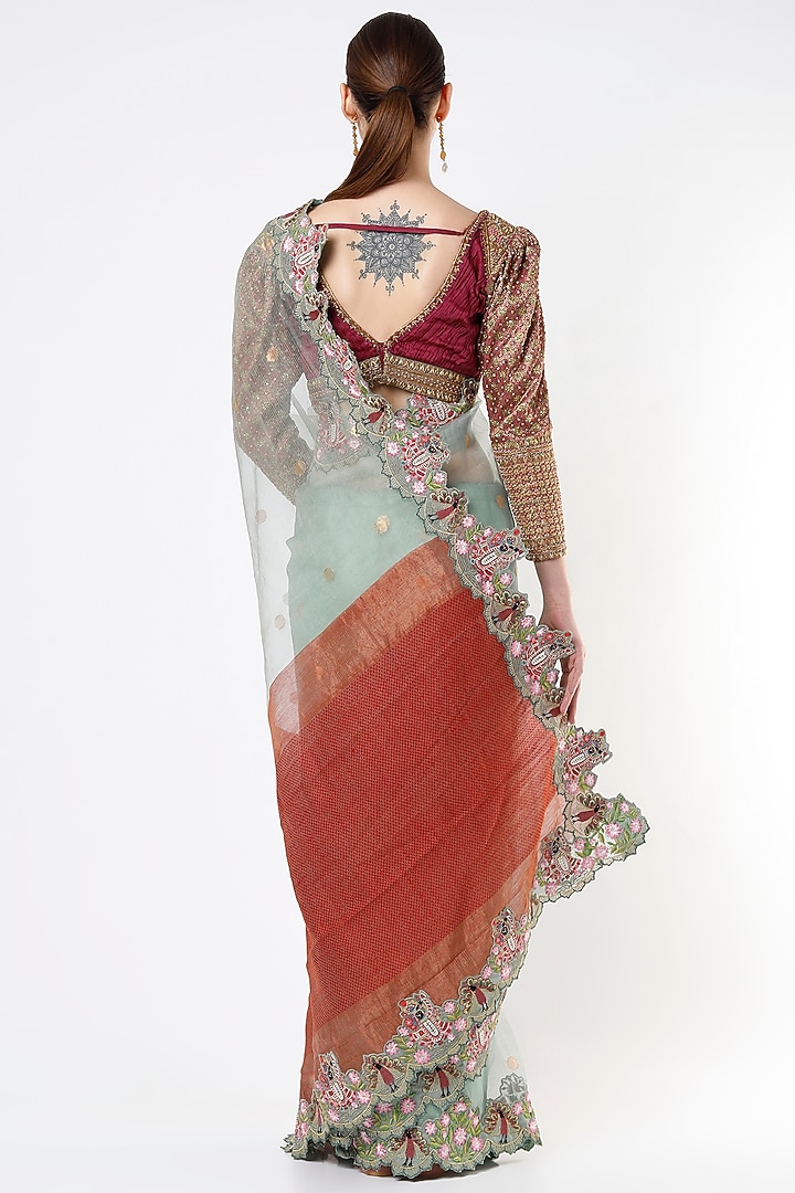 Marble Green Embroidered Handloom Reception Saree Set by Architha Narayanam at Pernia's Pop Up Shop
