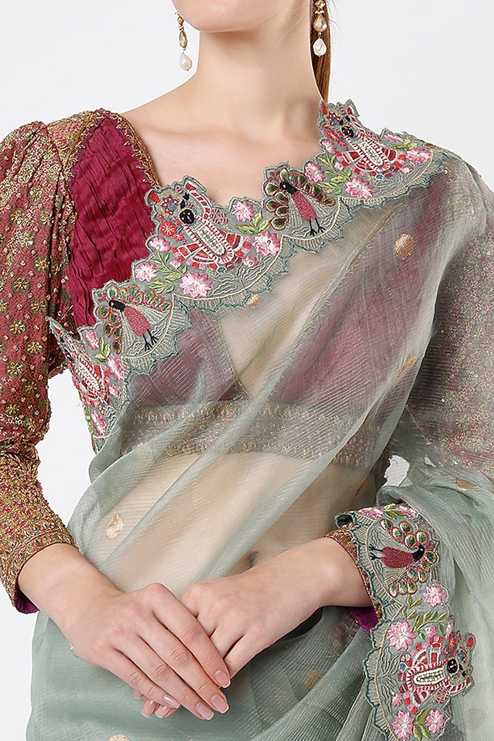 Marble Green Embroidered Handloom Reception Saree Set by Architha Narayanam at Pernia's Pop Up Shop