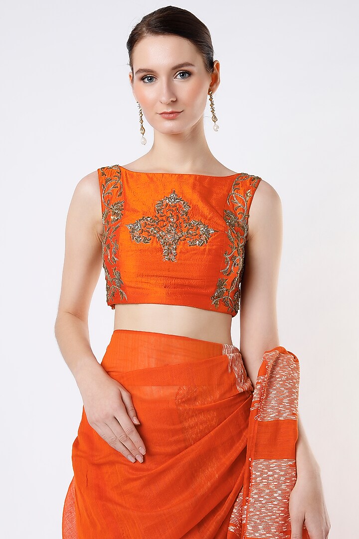 Orange Handloom Party Wear Saree Set by Architha Narayanam at Pernia's Pop Up Shop