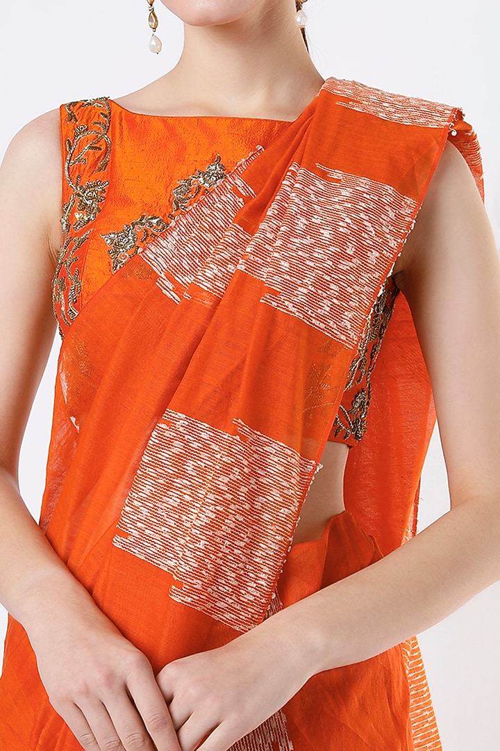 Orange Handloom Party Wear Saree Set by Architha Narayanam at Pernia's Pop Up Shop