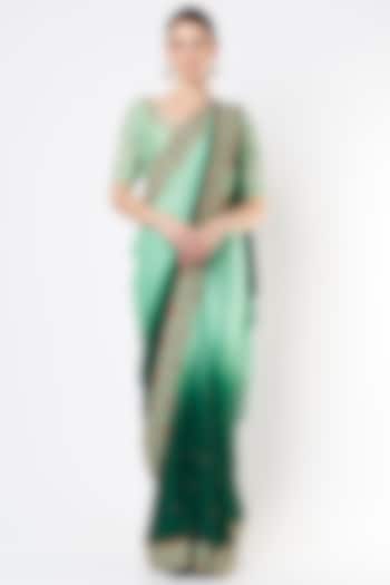 Mint Green & Dark Green Dyed Ombre Saree Set by Architha Narayanam