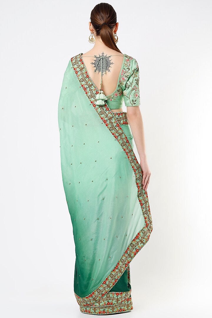 Mint Green & Dark Green Dyed Ombre Wedding Saree Set by Architha Narayanam at Pernia's Pop Up Shop