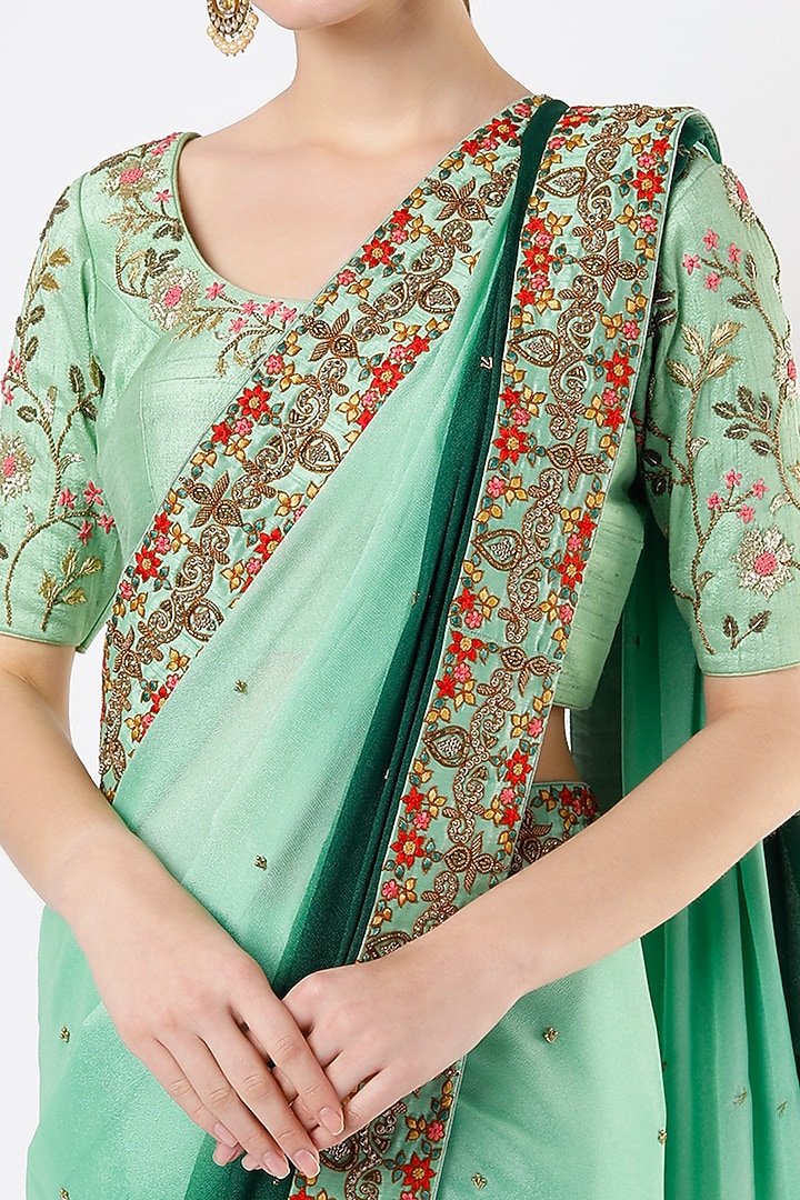 Mint Green & Dark Green Dyed Ombre Wedding Saree Set by Architha Narayanam at Pernia's Pop Up Shop