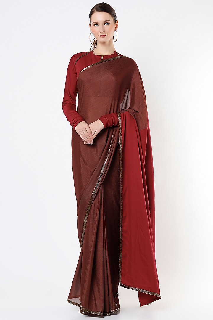 Brown Embroidered Saree Set by Architha Narayanam