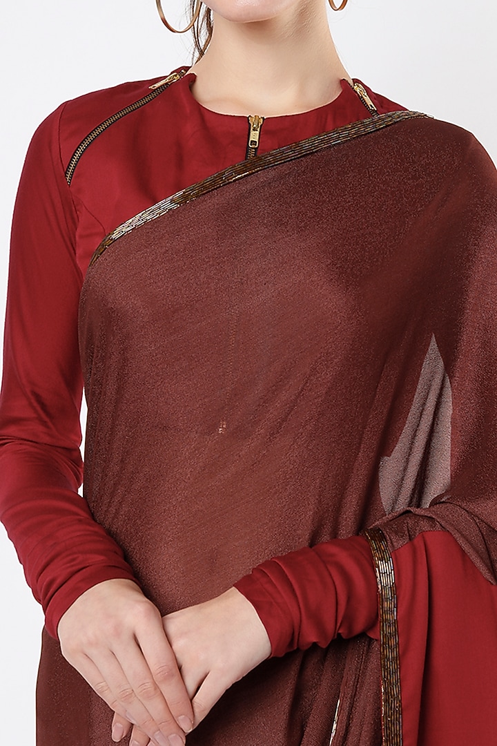 Brown Embroidered Party Wear Saree Set by Architha Narayanam at Pernia's Pop Up Shop