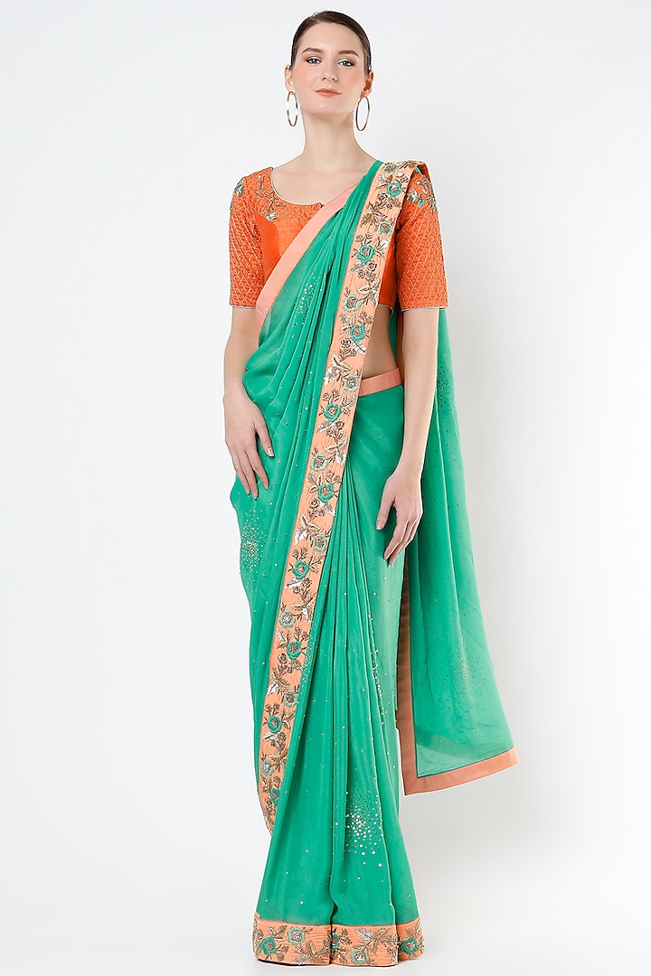 Persian Green Embroidered Saree Set by Architha Narayanam