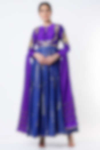 Violet & Blue Cotton Anarkali Set by Architha Narayanam