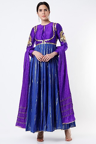 Violet & Blue Cotton Anarkali Set by Architha Narayanam