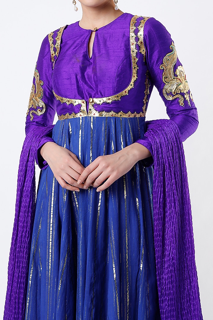 Violet & Blue Cotton Wedding Anarkali Set by Architha Narayanam at Pernia's Pop Up Shop