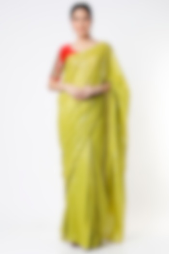 Lime Green Embroidered Saree Set by Architha Narayanam