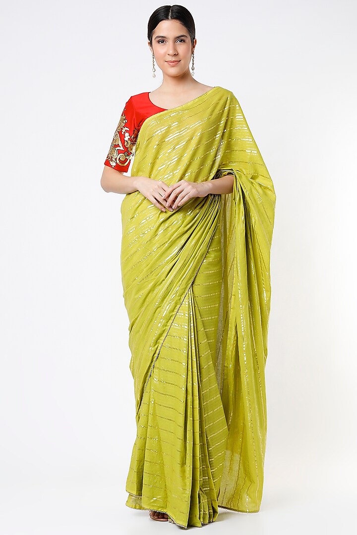 Lime Green Embroidered Saree Set by Architha Narayanam at Pernia's Pop Up Shop