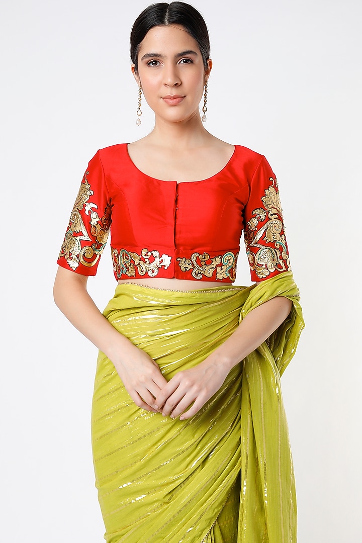 Lime Green Embroidered Wedding Saree Set by Architha Narayanam at Pernia's Pop Up Shop