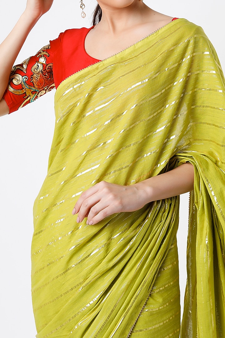 Lime Green Embroidered Wedding Saree Set by Architha Narayanam at Pernia's Pop Up Shop