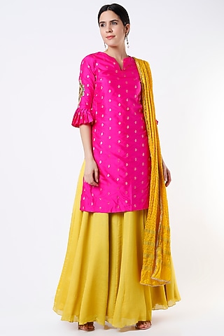 Mustard Crepe Silk Lehenga Set by Architha Narayanam