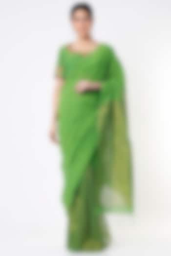 Green Handloom Cotton Saree Set by Architha Narayanam