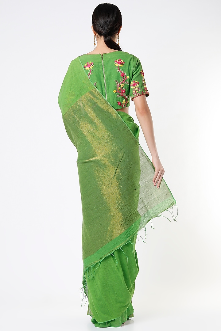Green Handloom Cotton Party Wear Saree Set by Architha Narayanam at Pernia's Pop Up Shop