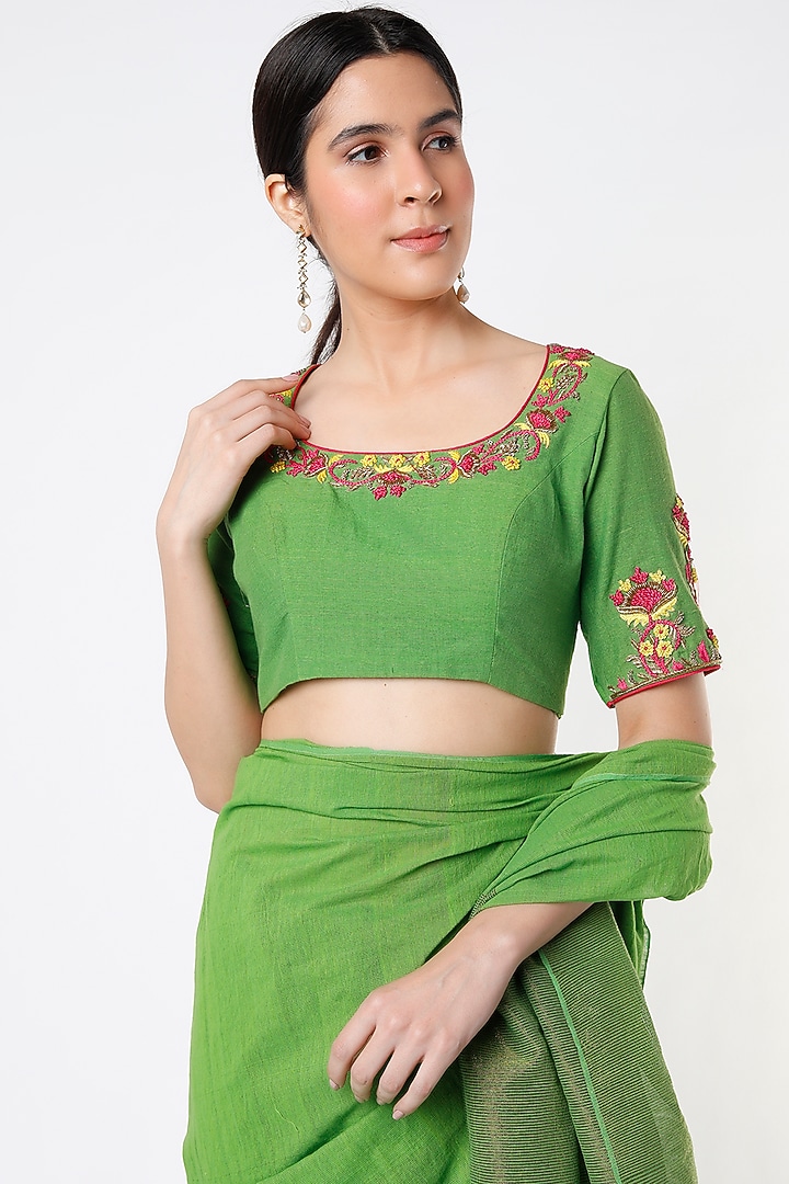 Green Handloom Cotton Party Wear Saree Set by Architha Narayanam at Pernia's Pop Up Shop