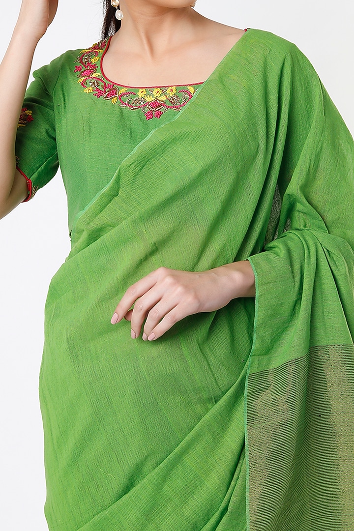 Green Handloom Cotton Party Wear Saree Set by Architha Narayanam at Pernia's Pop Up Shop