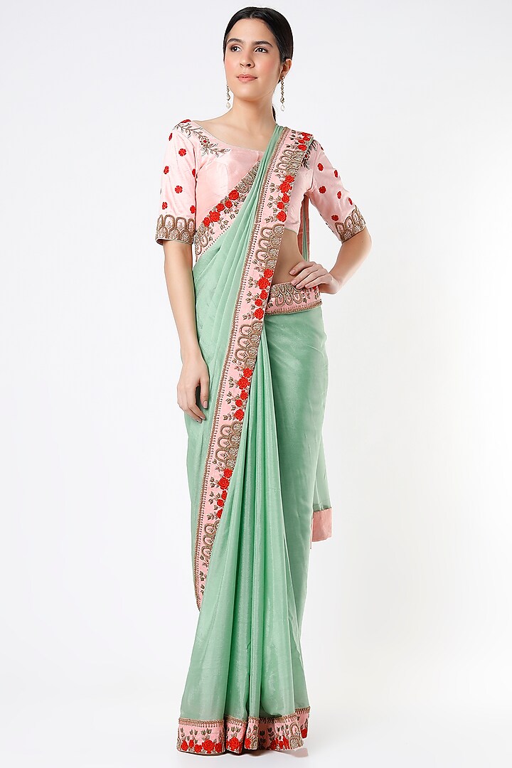 Light Turquoise Embroidered Saree Set by Architha Narayanam