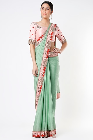 Light Turquoise Embroidered Saree Set by Architha Narayanam