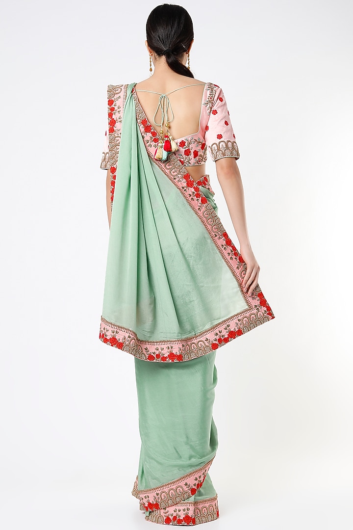 Light Turquoise Embroidered Wedding Saree Set by Architha Narayanam at Pernia's Pop Up Shop