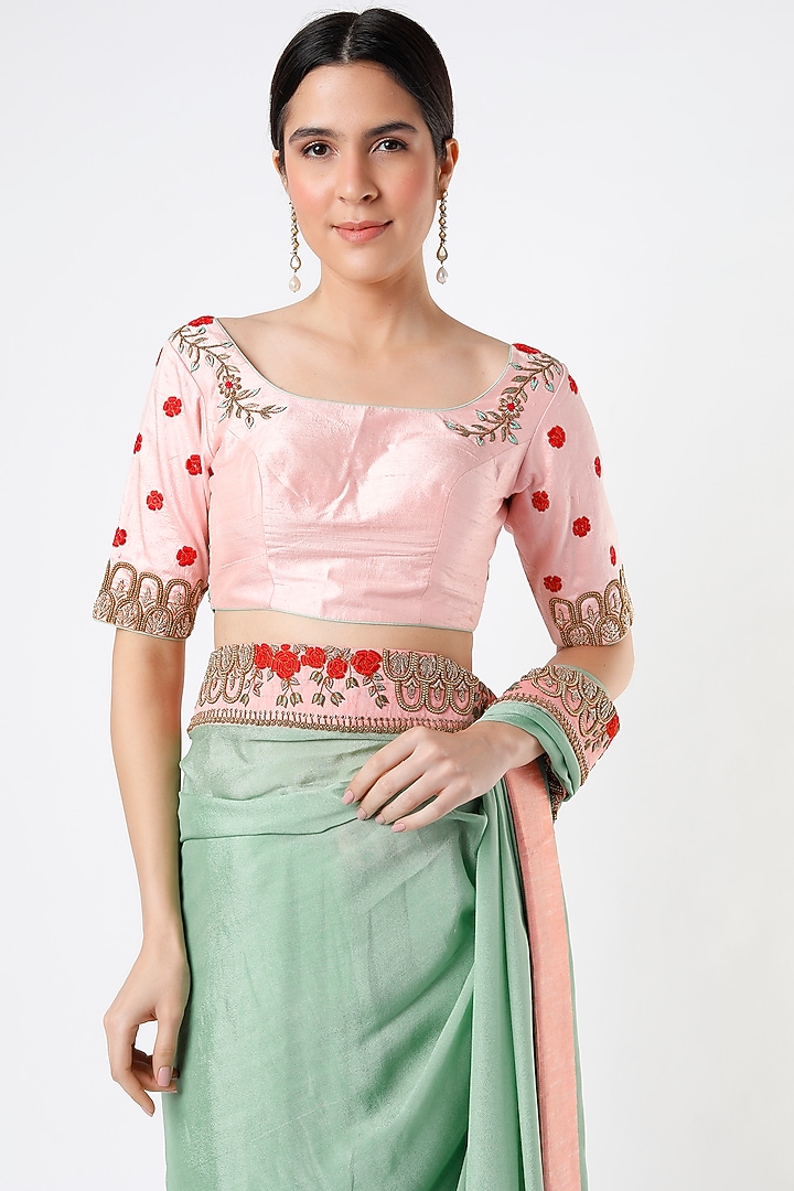 Light Turquoise Embroidered Wedding Saree Set by Architha Narayanam at Pernia's Pop Up Shop