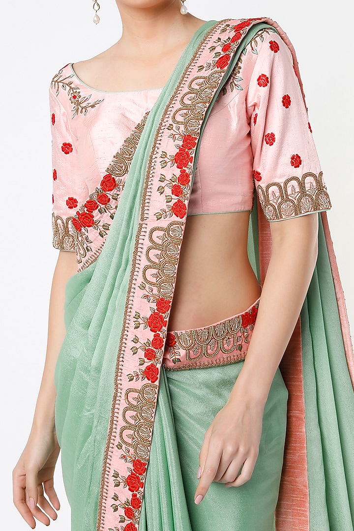 Light Turquoise Embroidered Wedding Saree Set by Architha Narayanam at Pernia's Pop Up Shop