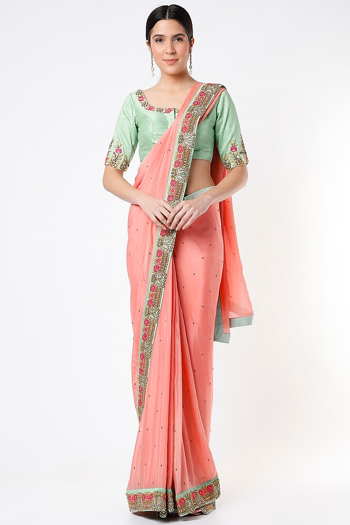 Peach Embroidered Saree Set by Architha Narayanam