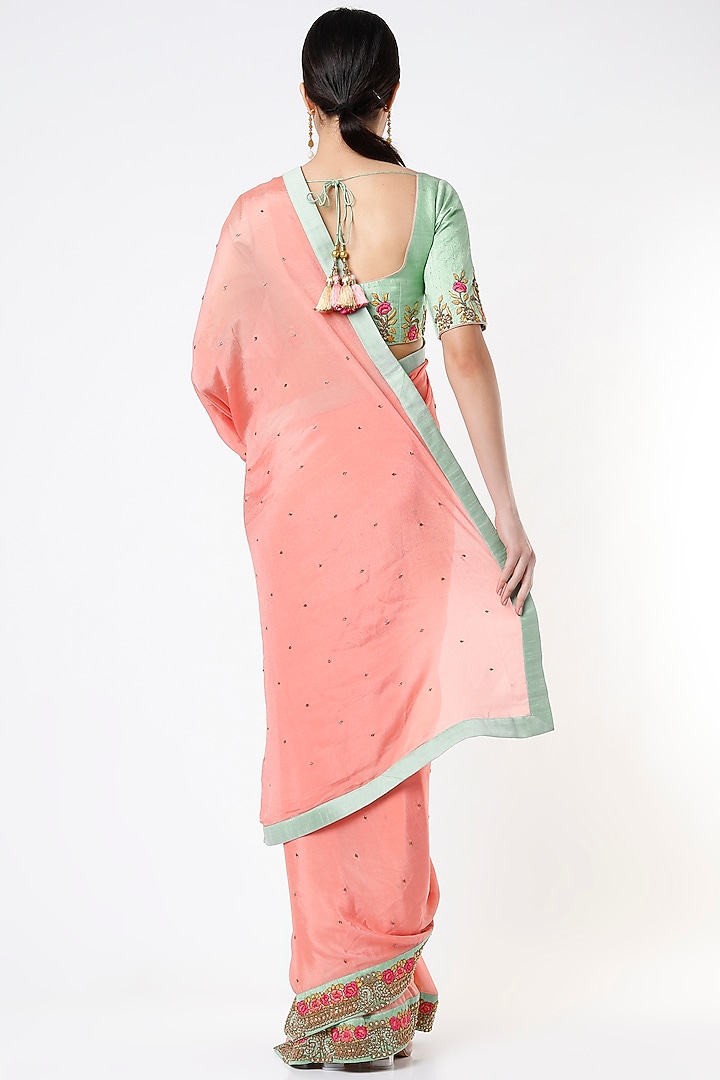 Peach Embroidered Wedding Saree Set by Architha Narayanam at Pernia's Pop Up Shop
