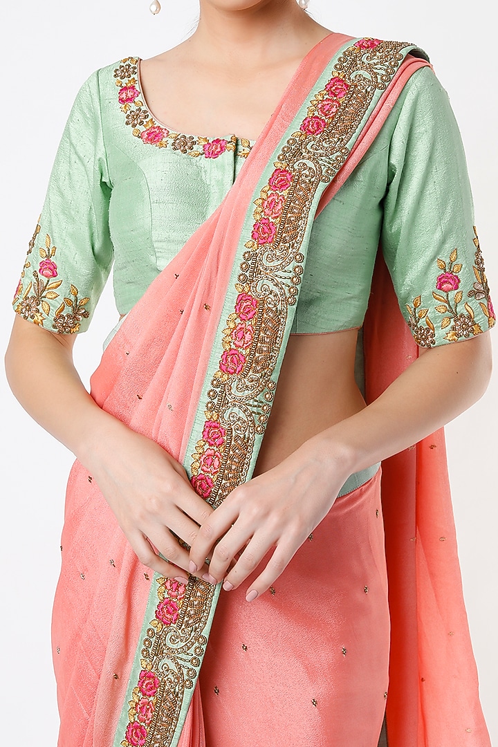 Peach Embroidered Wedding Saree Set by Architha Narayanam at Pernia's Pop Up Shop
