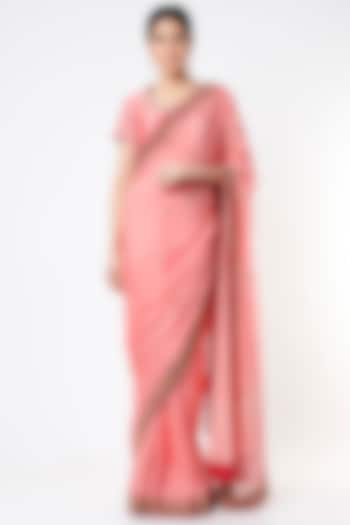 Peach Embroidered Saree Set by Architha Narayanam