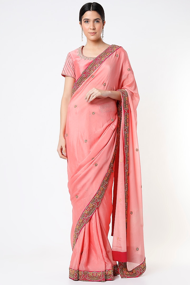 Peach Embroidered Saree Set by Architha Narayanam