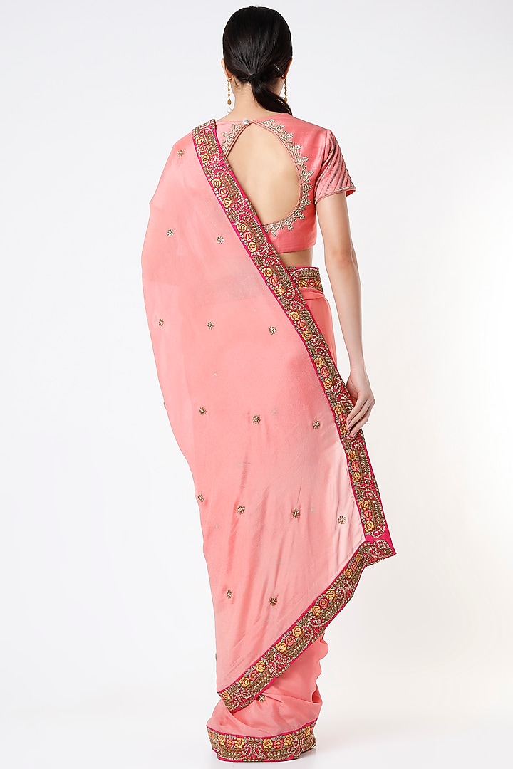 Peach Embroidered Wedding Saree Set by Architha Narayanam at Pernia's Pop Up Shop