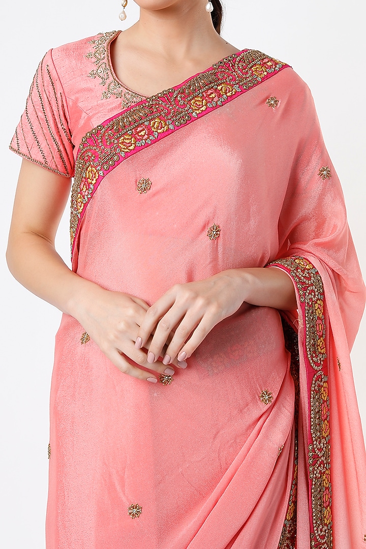 Peach Embroidered Wedding Saree Set by Architha Narayanam at Pernia's Pop Up Shop