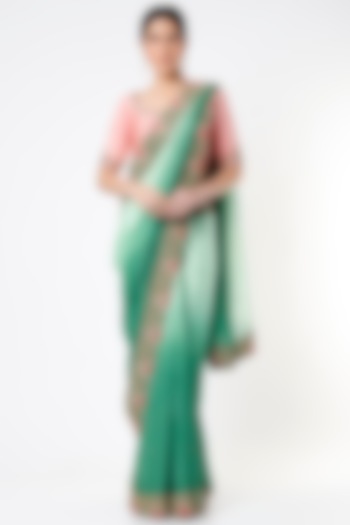 Mint Green Embroidered Ombre Saree Set by Architha Narayanam