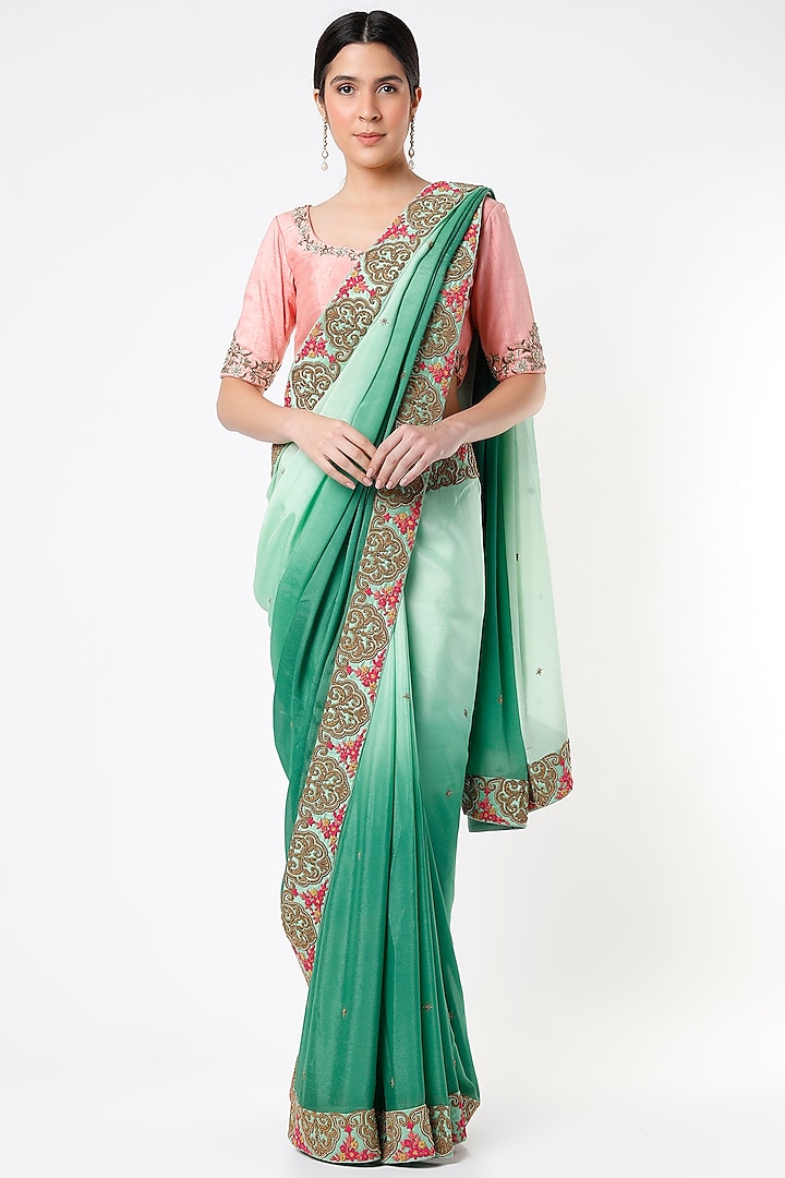 Mint Green Embroidered Ombre Saree Set by Architha Narayanam