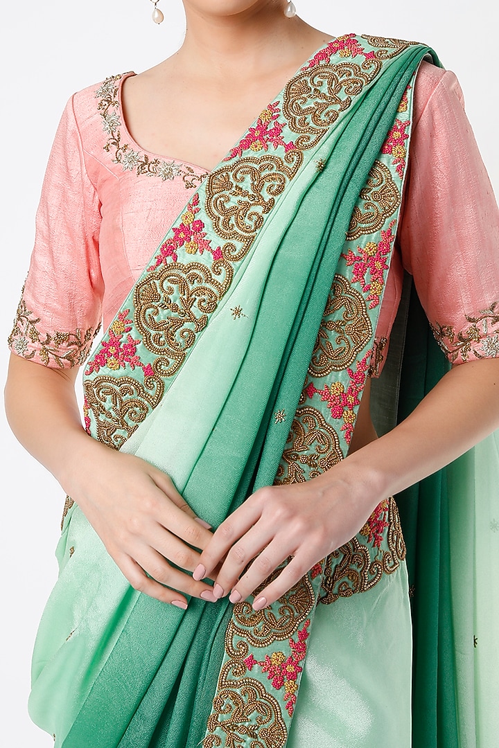 Mint Green Embroidered Ombre Wedding Saree Set by Architha Narayanam at Pernia's Pop Up Shop