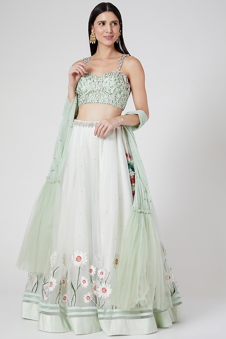 Mint Green Embroidered Lehenga Set by Architha Narayanam