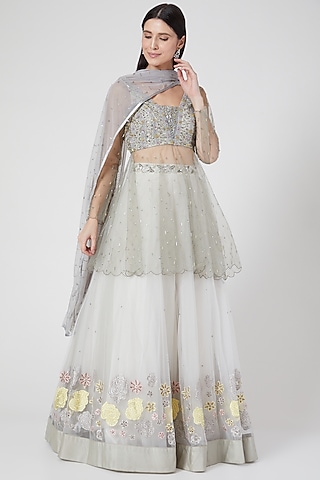 Grey & White Embroidered Lehenga Set by Architha Narayanam