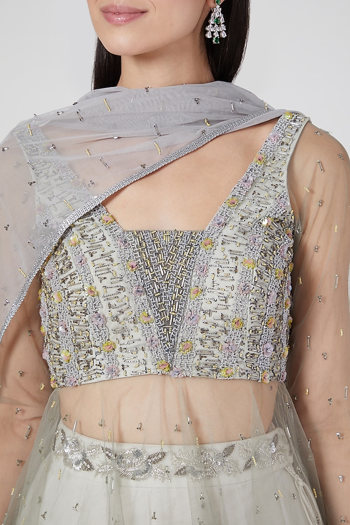 Grey & White Embroidered Wedding Lehenga Set by Architha Narayanam at Pernia's Pop Up Shop