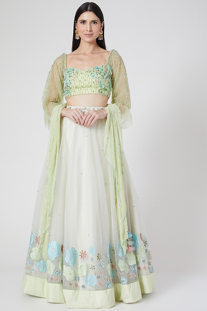 Lime Green Embroidered Lehenga Set by Architha Narayanam
