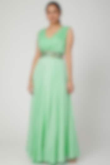 Mint Green Draped Gown With Embroidered Belt by Architha Narayanam